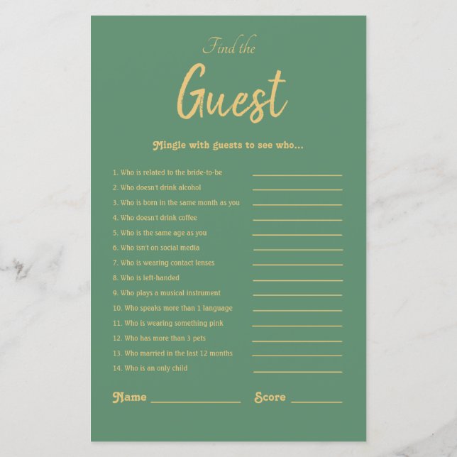 Elegant Gold Green Tropical Bridal Shower Game (Back)