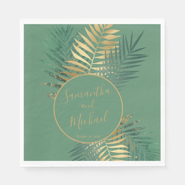 Elegant Gold Green Tropical Plants Leaves Wedding Napkin (Front)