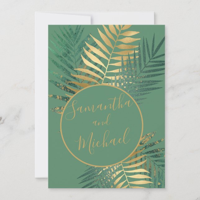 Elegant Gold & Green Tropical Plants Wedding Invitation (Front)