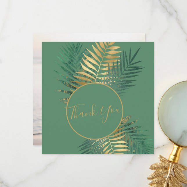 Elegant Gold & Green Tropical Plants Wedding Photo Thank You Card (Front/Back In Situ)