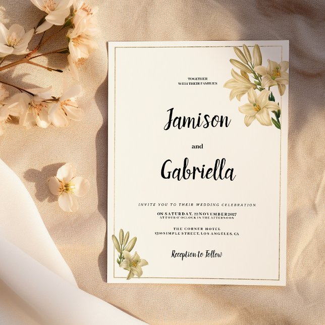 Elegant gold green white lily flower Wedding  Invitation (Elegant gold green white lily flower Wedding )