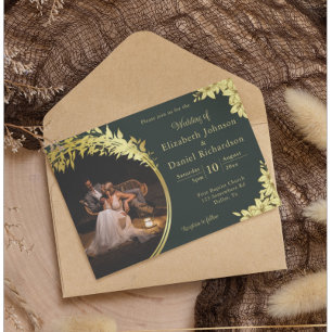 Elegant Gold, Green With Lilies Photo Wedding Invitation