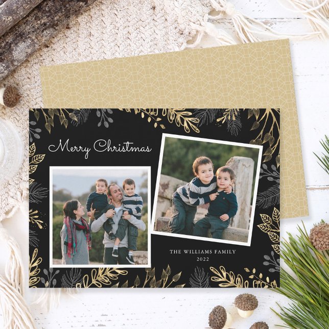 Elegant Gold Greenery 2 Photos Merry Christmas Holiday Card (Creator Uploaded)