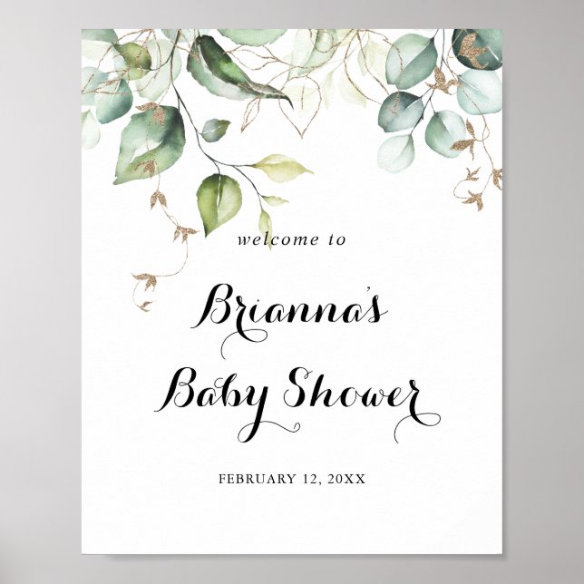 Elegant Gold Greenery Baby Shower Welcome Poster (Front)