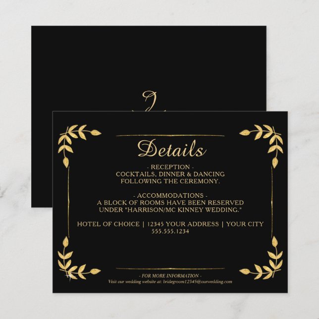Elegant Gold Greenery Black Wedding Details Invitation (Front/Back)