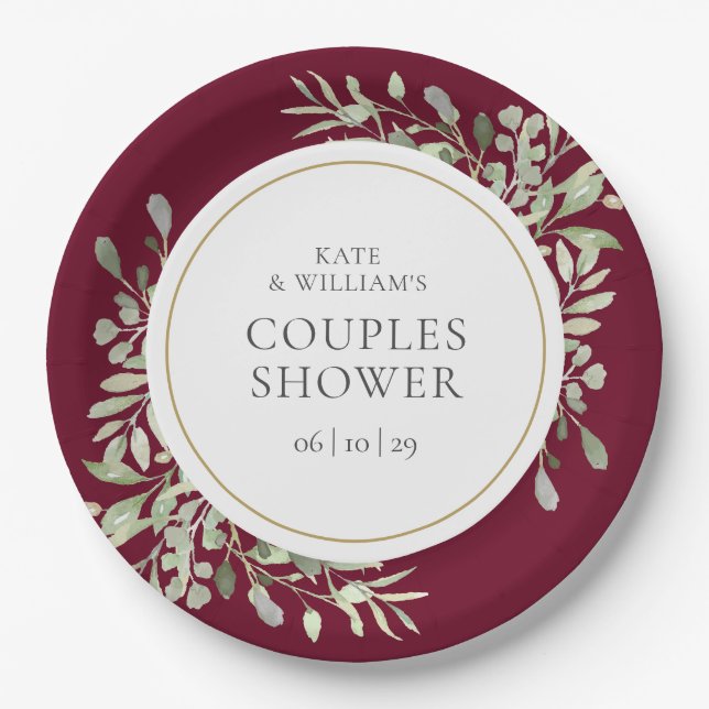 Elegant Gold Greenery Burgundy Couples Shower Paper Plate (Front)