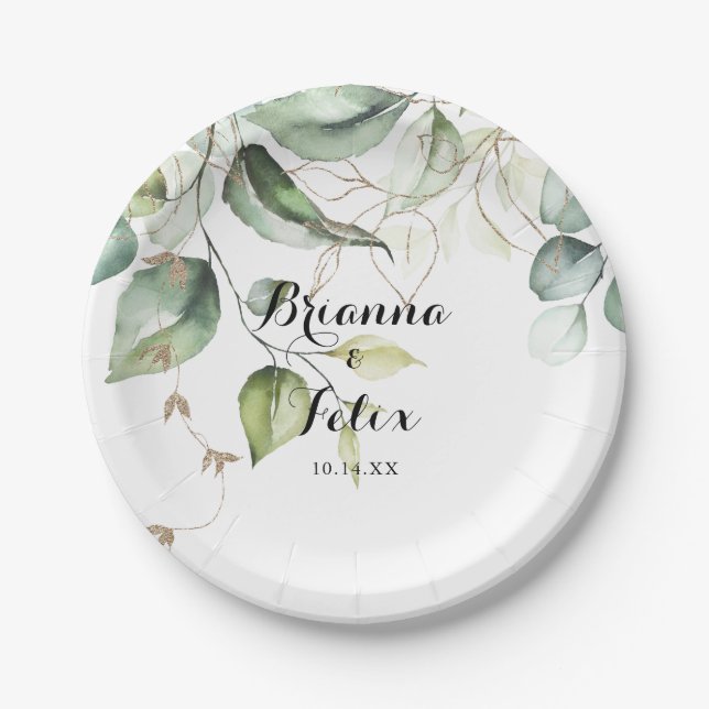 Elegant Gold Greenery Calligraphy Wedding Cake Paper Plate (Front)
