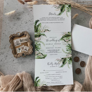 Elegant Gold Greenery Calligraphy Wedding Tri-Fold Invitation