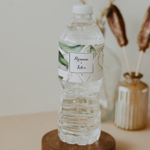 Elegant Gold Greenery Calligraphy Wedding Water Bottle Label