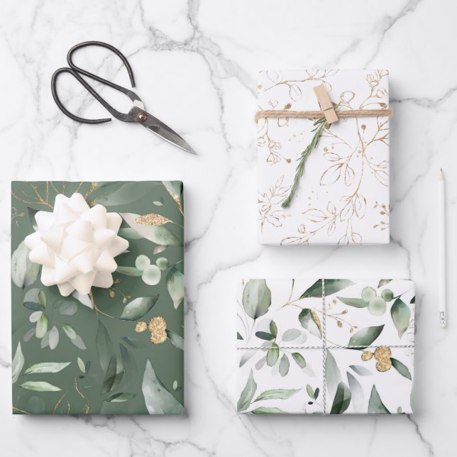 Elegant Gold Greenery Eucalyptus Leaves Wrapping Paper Sheet (Front)