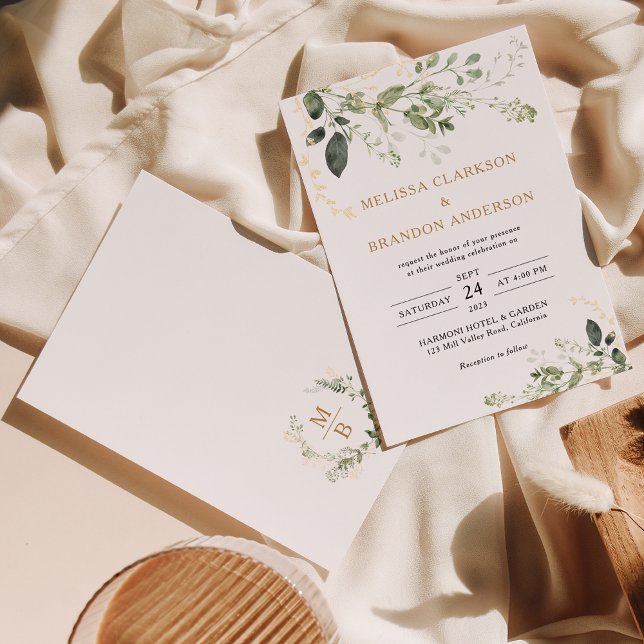 Elegant Gold Greenery Eucalyptus Monogram Wedding Invitation (Creator Uploaded)