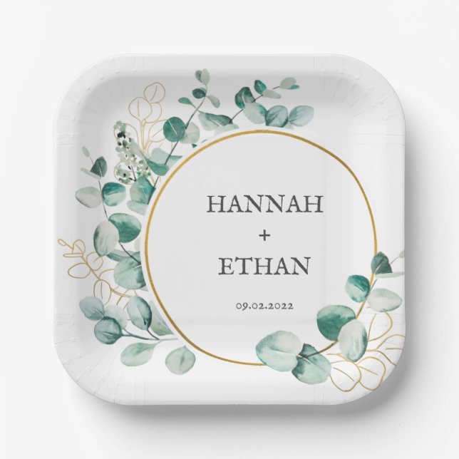 Elegant Gold Greenery Eucalyptus Personalised  Paper Plate (Front)