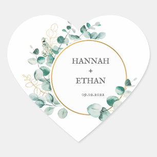 Elegant Gold Greenery Eucalyptus Personalized Heart Sticker