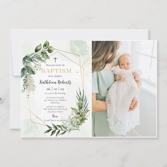 Elegant Gold Greenery Floral Foliage Baptism Photo Invitation (Front)