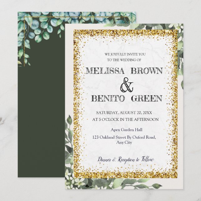 Elegant Gold Greenery Floral Watercolor Wedding  Invitation (Front/Back)
