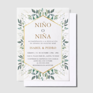 Elegant Gold Greenery Frame Spanish Gender Reveal Vellum Invitations