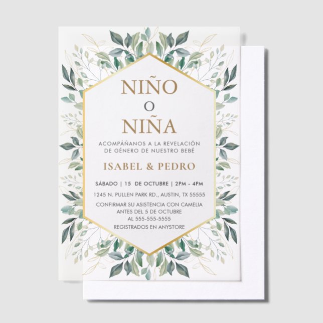 Elegant Gold Greenery Frame Spanish Gender Reveal Vellum Invitations (Offset)