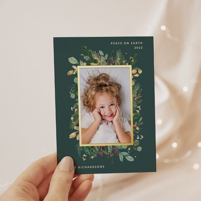 Elegant Gold Greenery | Green with Photo Foil Holiday Postcard (Creator Uploaded)