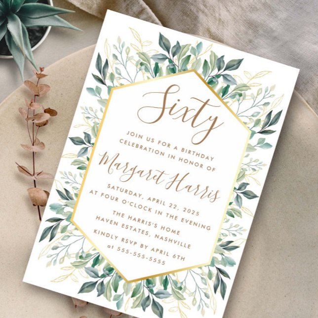 Elegant Gold Greenery Leaves 60th Sixty Birthday Invitation (Creator Uploaded)