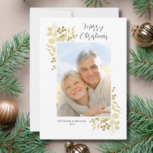 Elegant Gold Greenery Merry Christmas Photo