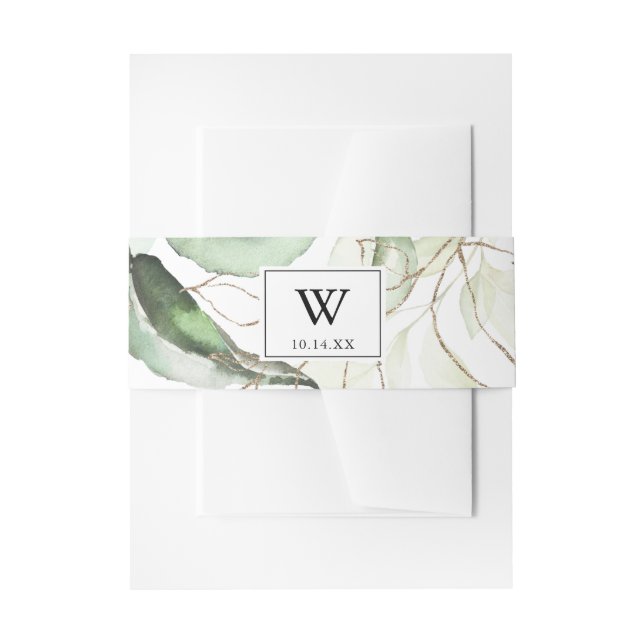 Elegant Gold Greenery Monogram Wedding Invitation Belly Band (Front Example)