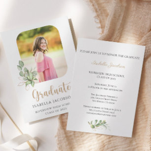 Elegant Gold Greenery Photo Graduation Invitation