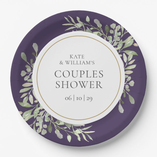 Elegant Gold Greenery Purple Couples Shower Paper Plate (Front)