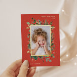 Elegant Gold Greenery | Red with Photo Foil Holiday Postcard<br><div class="desc">These beautiful holiday photo postcards say "Merry Christmas" in modern text and feature your favourite personal photo. Elegant, modern watercolor greenery with leaves, red berries, and a gold foil centre frame decorate a festive red background. There is a room for a short personal message on the back as well as...</div>