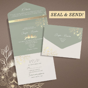 Elegant Gold Greenery Sage Wedding All In One Invitation