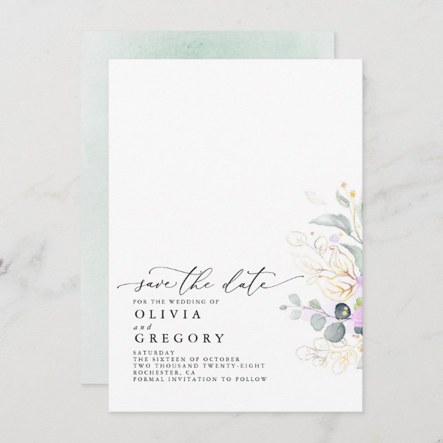 Elegant Gold Greenery Save The Date Announcement (Front/Back)
