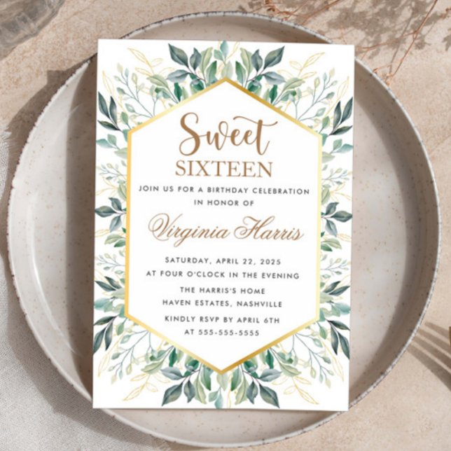 Elegant Gold Greenery Sweet Sixteen 16 Birthday Invitation (Creator Uploaded)