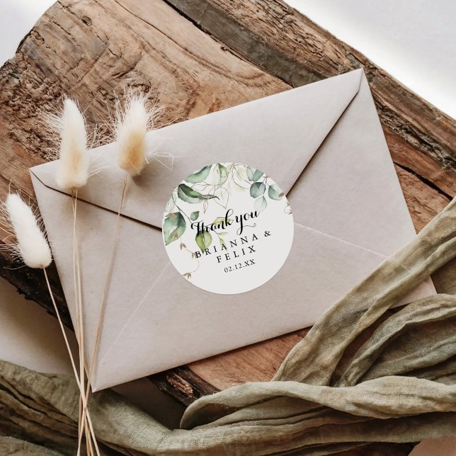 Elegant Gold Greenery Thank You Wedding Favour Classic Round Sticker (Creator Uploaded)