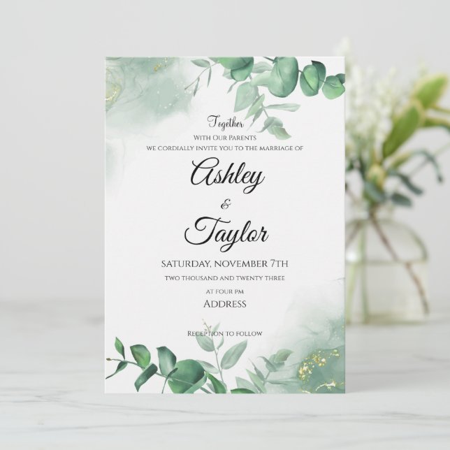 Elegant Gold & Greenery Watercolor Background Invitation (Standing Front)