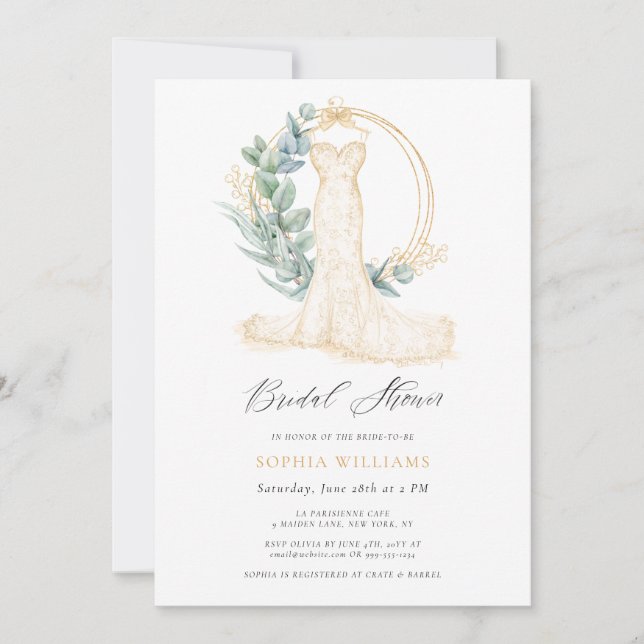 Elegant Gold Greenery Wedding Dress Bridal Shower Invitation (Front)