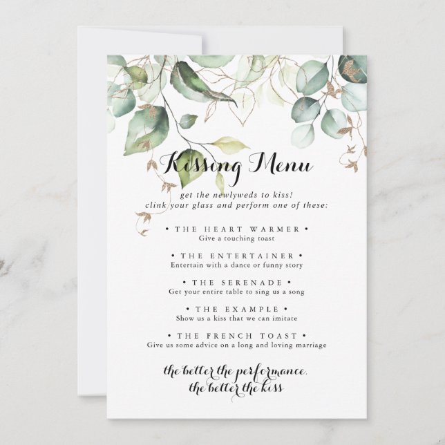 Elegant Gold Greenery Wedding Kissing Menu Game (Front)