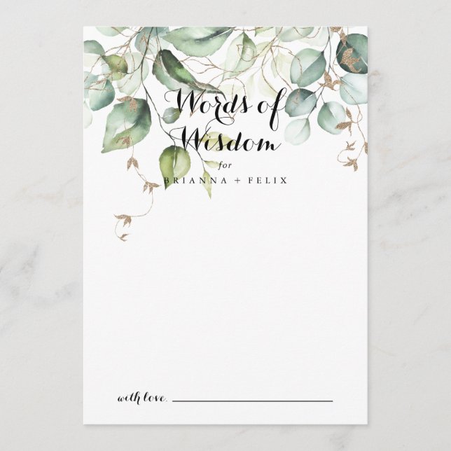 Elegant Gold Greenery Wedding Words of Wisdom Advice Card (Front)