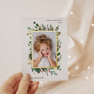 Elegant Gold Greenery   White with Photo Foil Holiday Postcard