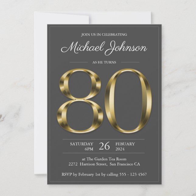 Elegant Gold Grey 80th Birthday Party Invitation (Front)