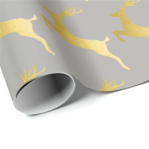 Elegant Gold Grey Christmas Reindeer Pattern Wrapping Paper