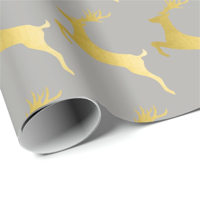 Elegant Gold Grey Christmas Reindeer Pattern Wrapping Paper (Roll Corner)