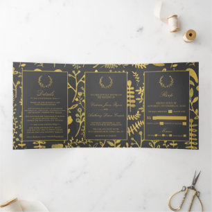 Elegant Gold & Grey Floral Wreath Wedding Suite Tri-Fold Invitation