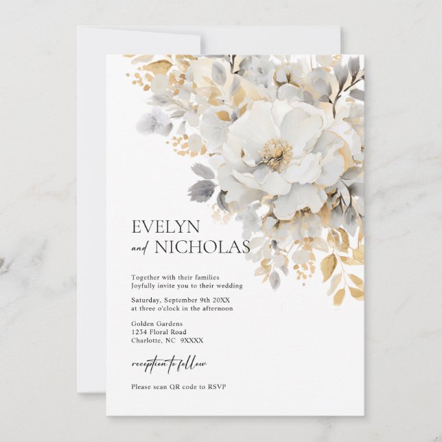 Elegant Gold Grey Gold Floral Wash QR code Invitation (Front)