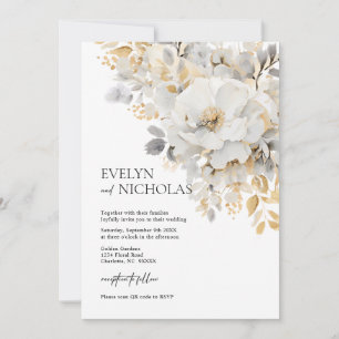 Elegant Gold Grey Gold Floral Wash QR code Invitation