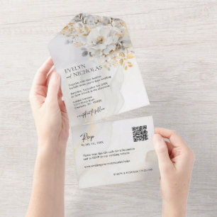 Elegant Gold Grey Gold Floral Wash QR code Wedding All In One Invitation