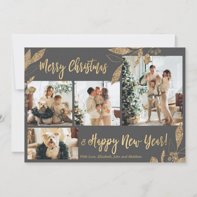Elegant Gold Grey Leaves 4 Photos Christmas Card (Front)