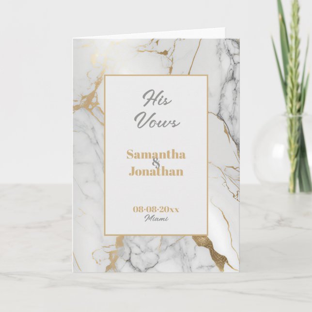 Elegant Gold Grey Marble His Vows Card (Front)