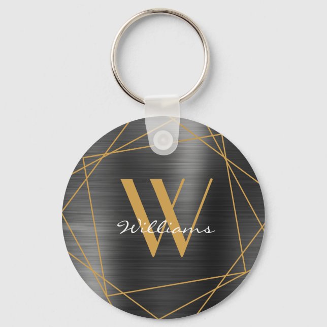 Elegant Gold Grey Monogram Name Script Geometric Key Ring (Front)
