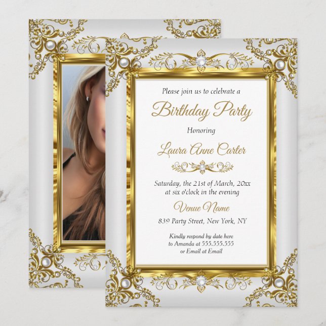 Elegant Gold Grey Pearl Photo Birthday Party Invitation (Front/Back)