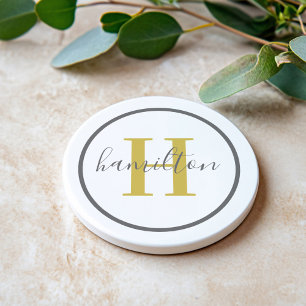 Elegant Gold Grey Round Custom Monogram Initial Coaster