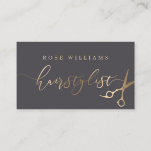 Elegant gold & grey scissors hairstylist business card